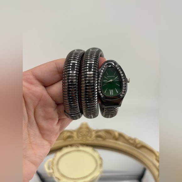 Accessories - Gunmetal Coil Bracelet Watch with Green Dial – Statement Stretch Watch